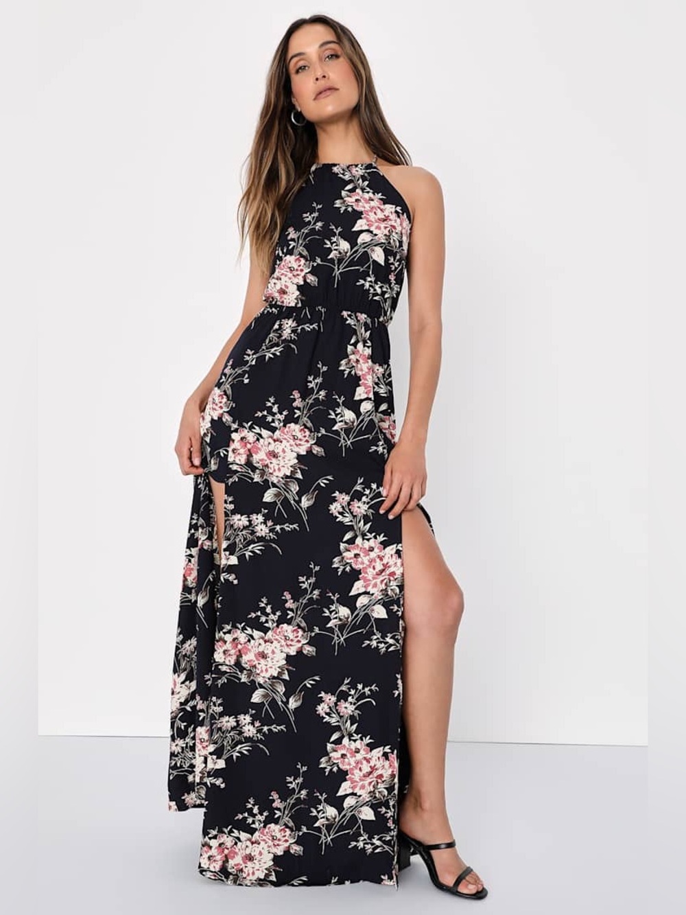 NWT Lulus Feel the Music Midnight Blue Floral Print Maxi Dress